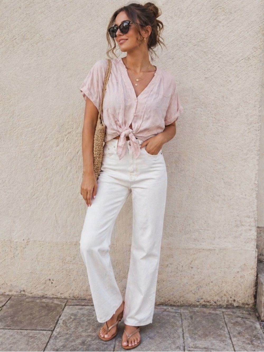 Express Pale Pink V-Neck Button Blouse